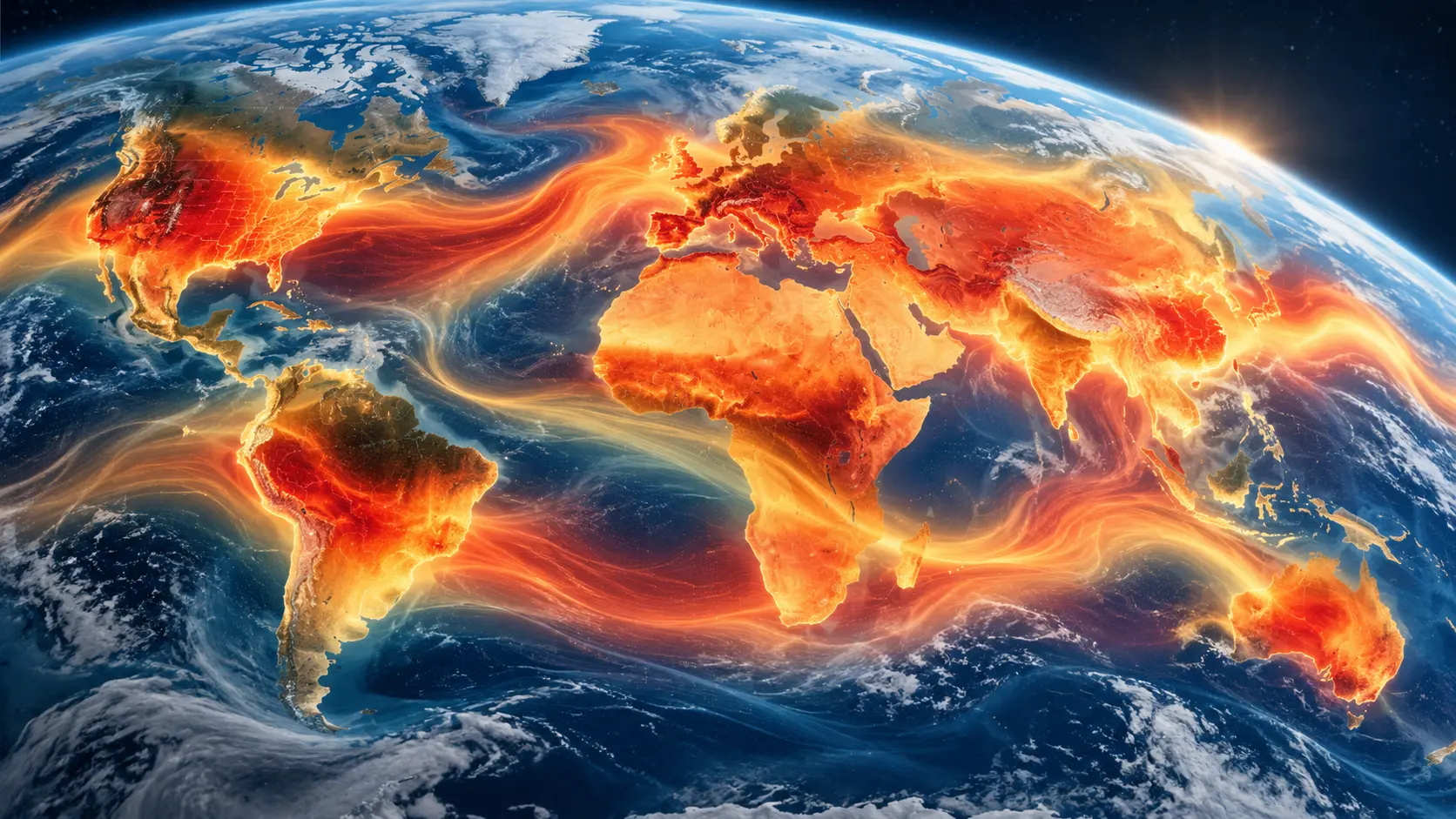 Illustration IA de vastes zones de chaleur reliées autour de la Terre