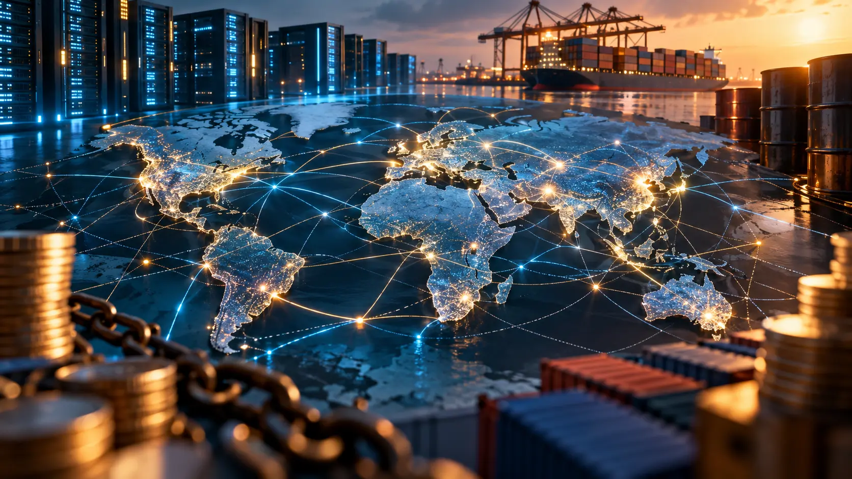Illustration IA d’une carte mondiale reliant serveurs, commerce maritime et énergie