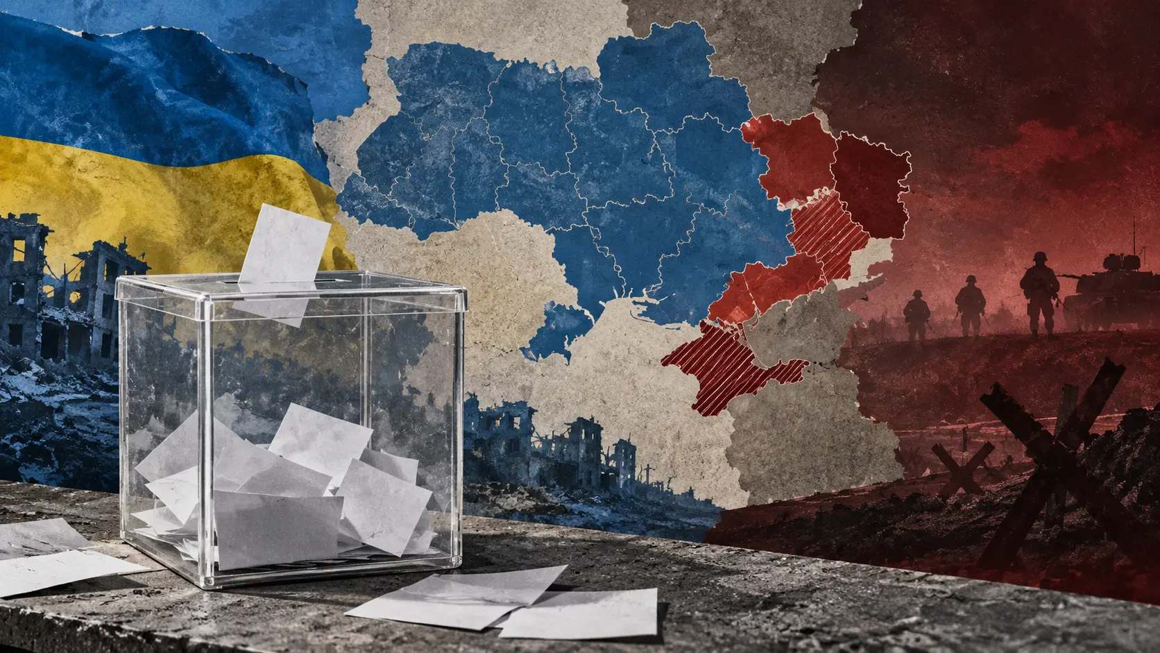 Illustration IA d’une urne devant une carte de l’Ukraine divisée par la guerre