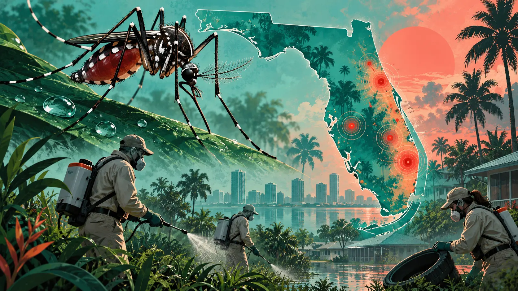 Illustration IA d'un moustique Aedes, d'une carte de Floride et d'équipes de lutte antivectorielle