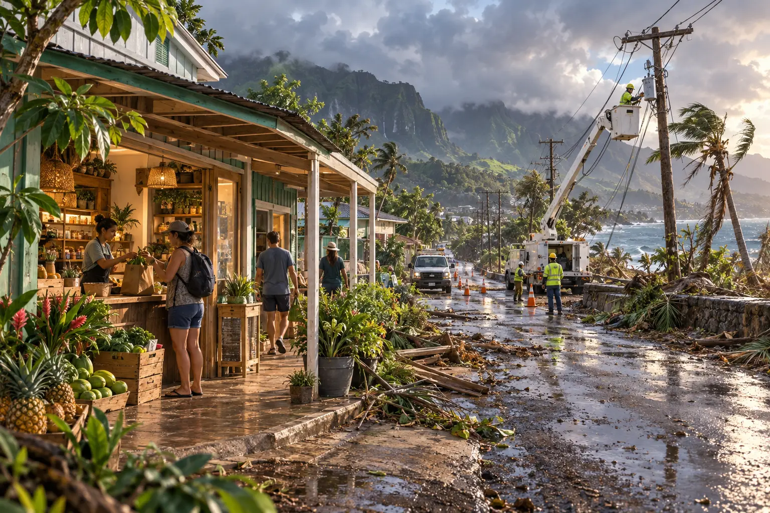 Illustration éditoriale d’un commerce rouvert à Kauaʻi pendant les réparations après la tempête
