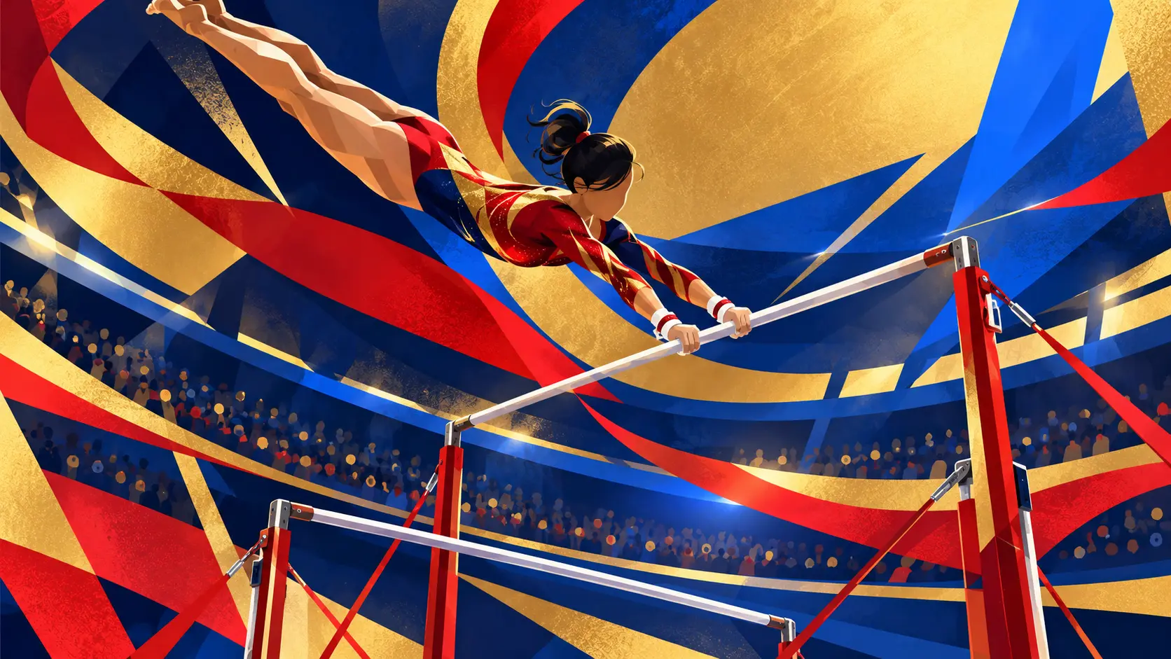 Illustration IA d’une gymnaste en mouvement sur les barres asymétriques dans une arène colorée