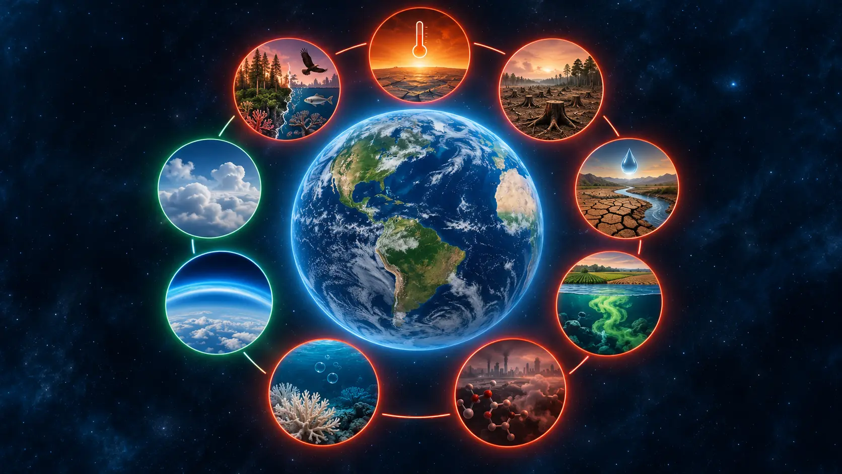 Illustration scientifique de la Terre entourée de neuf indicateurs symboliques, dont sept apparaissent sous forte pression