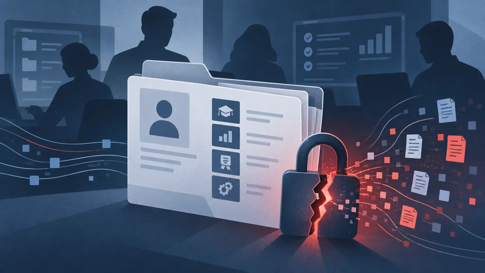Illustration éditoriale d’un dossier de formation numérique protégé par un cadenas fissuré