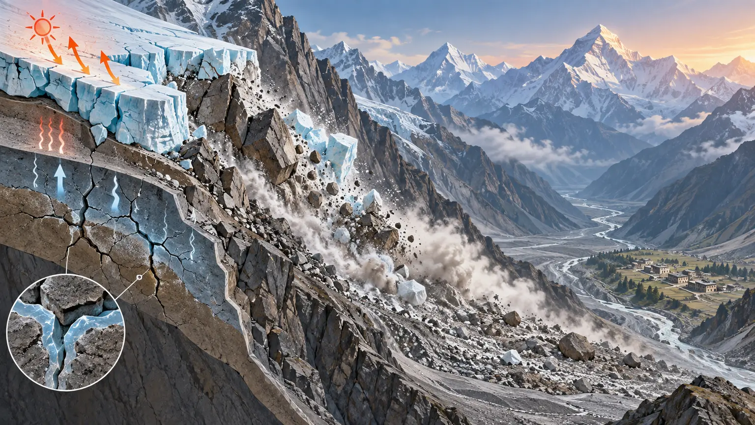Illustration éditoriale IA d’un versant himalayen montrant le recul d’un glacier et une coulée de roche et de glace