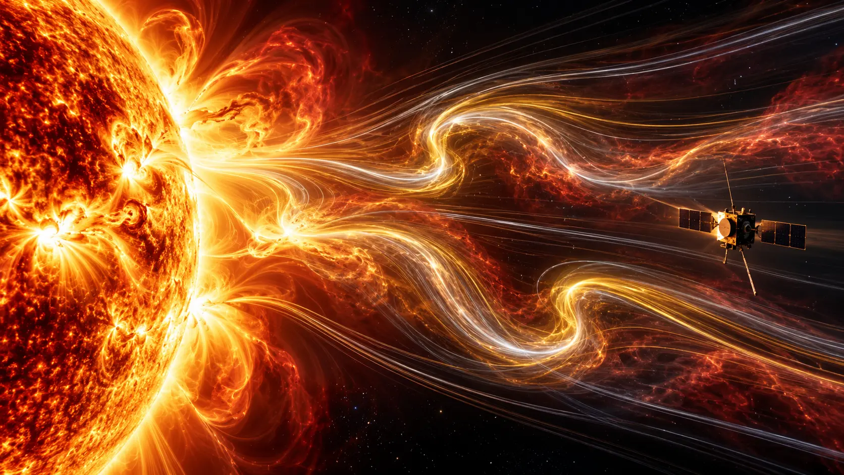 Illustration IA de Solar Orbiter observant des replis magnétiques en forme de S dans le vent solaire