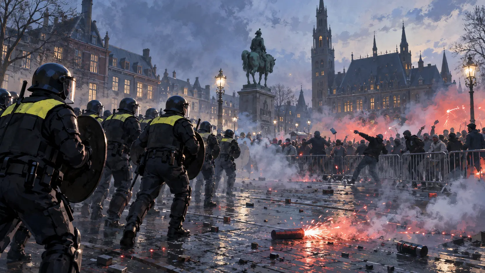 Illustration éditoriale de policiers antiémeutes face à une foule dans une place de La Haye