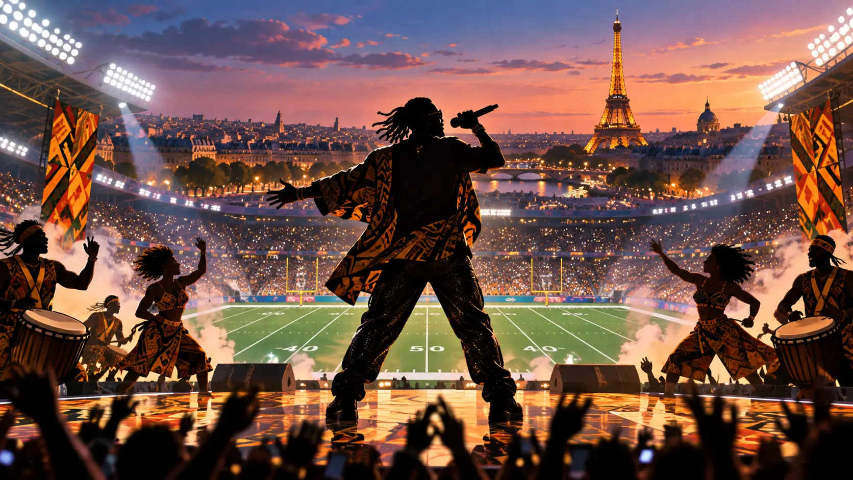 Illustration d’un artiste d’afrobeats anonyme sur une scène de stade à Paris pendant un match de football américain