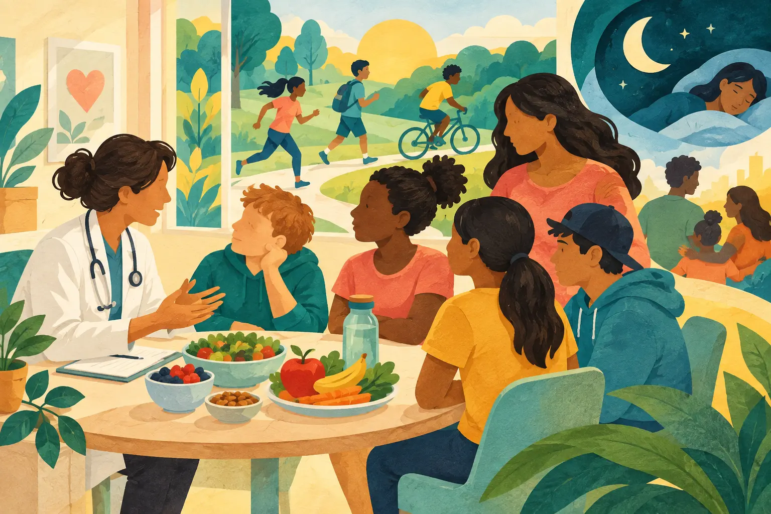 Illustration IA inclusive d’enfants, d’adolescents, d’une famille et d’une soignante autour d’un accompagnement global de la santé.