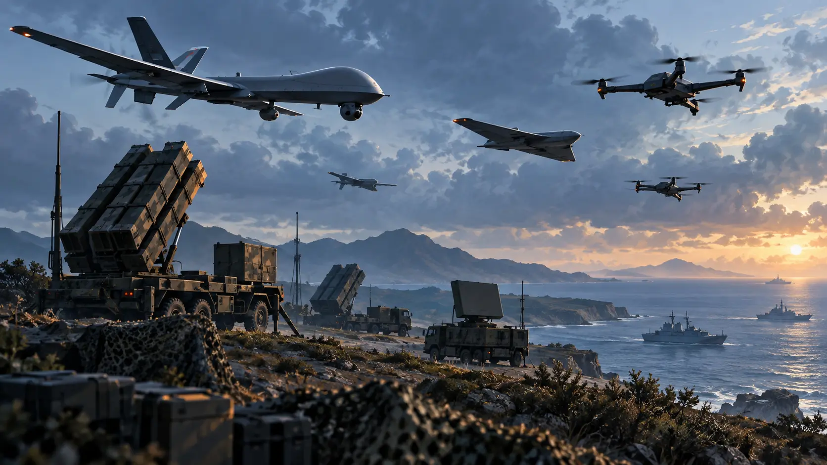 Illustration IA de drones et de lanceurs de missiles sur un terrain d’exercice côtier taïwanais