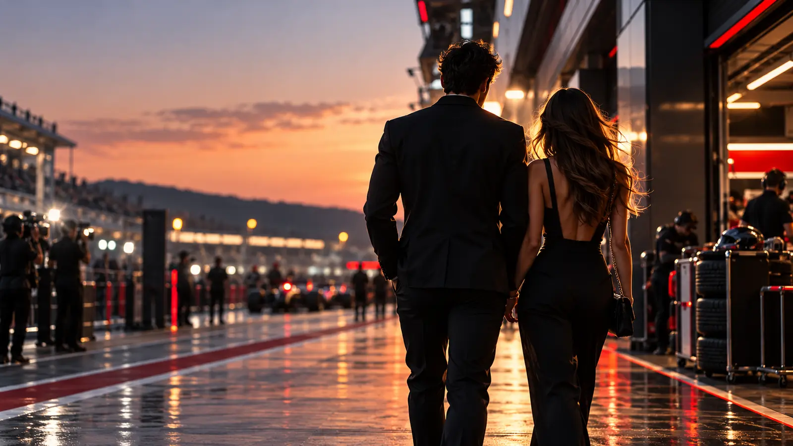 Illustration IA : deux silhouettes anonymes marchent dans un paddock de Formule 1 au coucher du soleil.