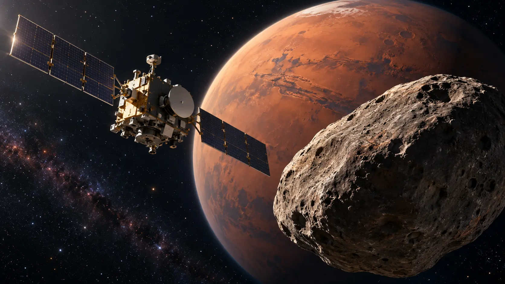 Illustration IA de la sonde MMX approchant Phobos avec Mars à l’arrière-plan