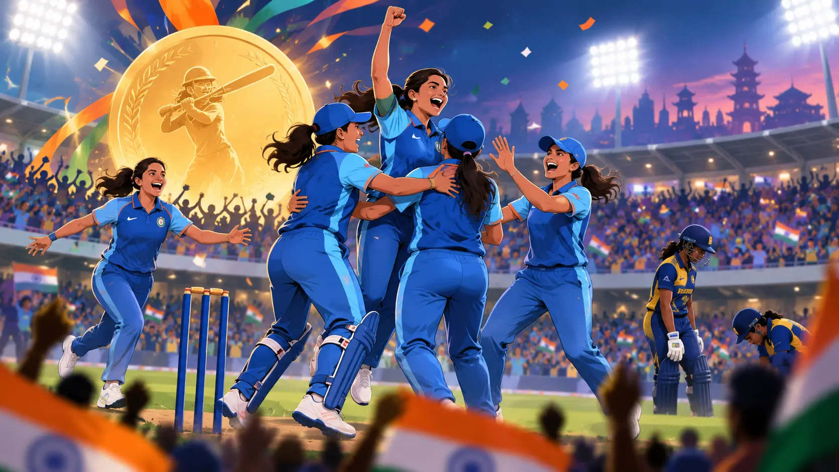 Illustration IA de joueuses de cricket célébrant une médaille d’or sous les projecteurs