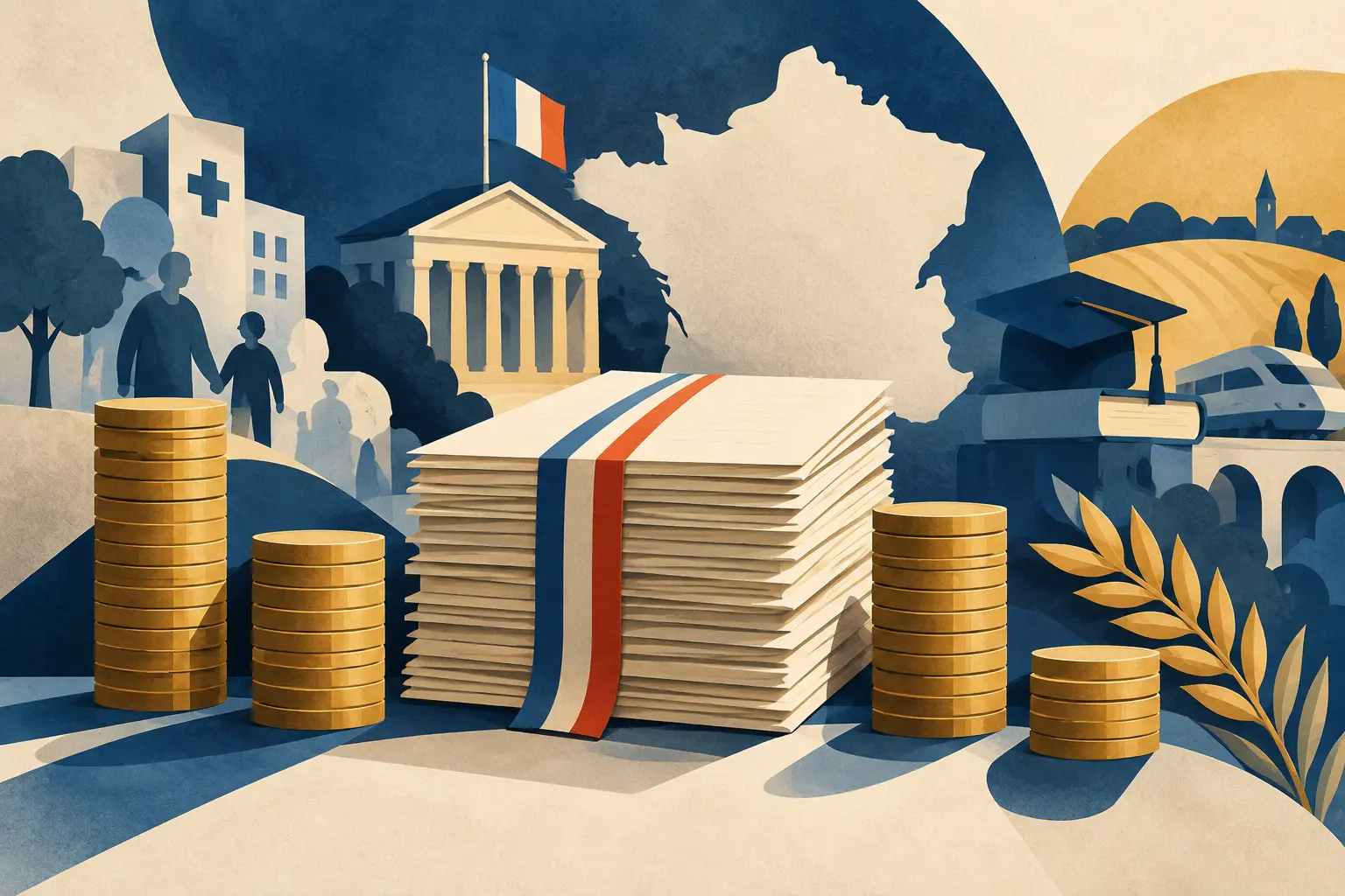 Illustration générée par IA : dossiers budgétaires, piles de pièces et symboles des services publics et de l’agriculture en France.