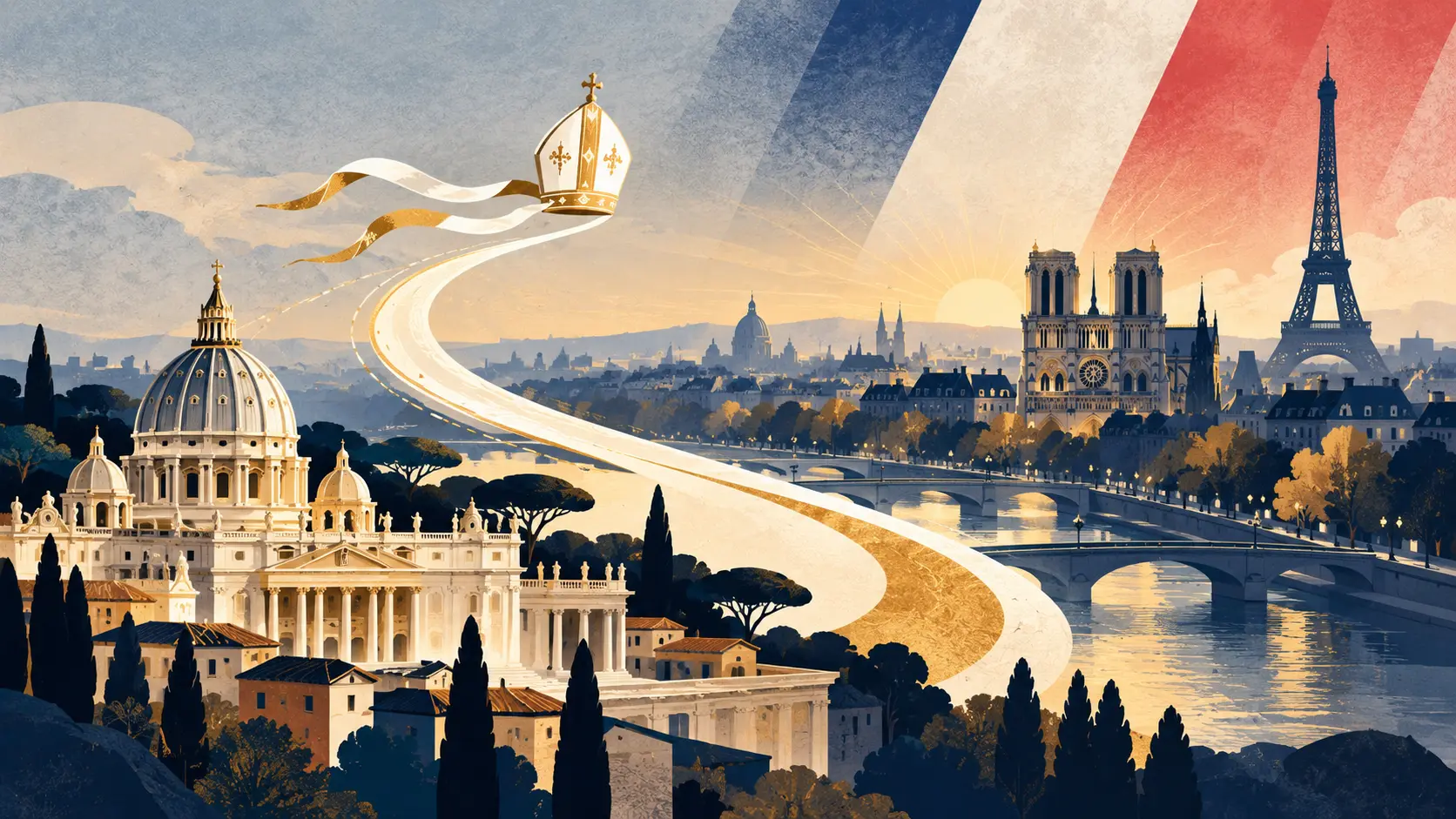 Illustration IA d’un itinéraire lumineux reliant Rome à Paris devant Notre-Dame et la tour Eiffel