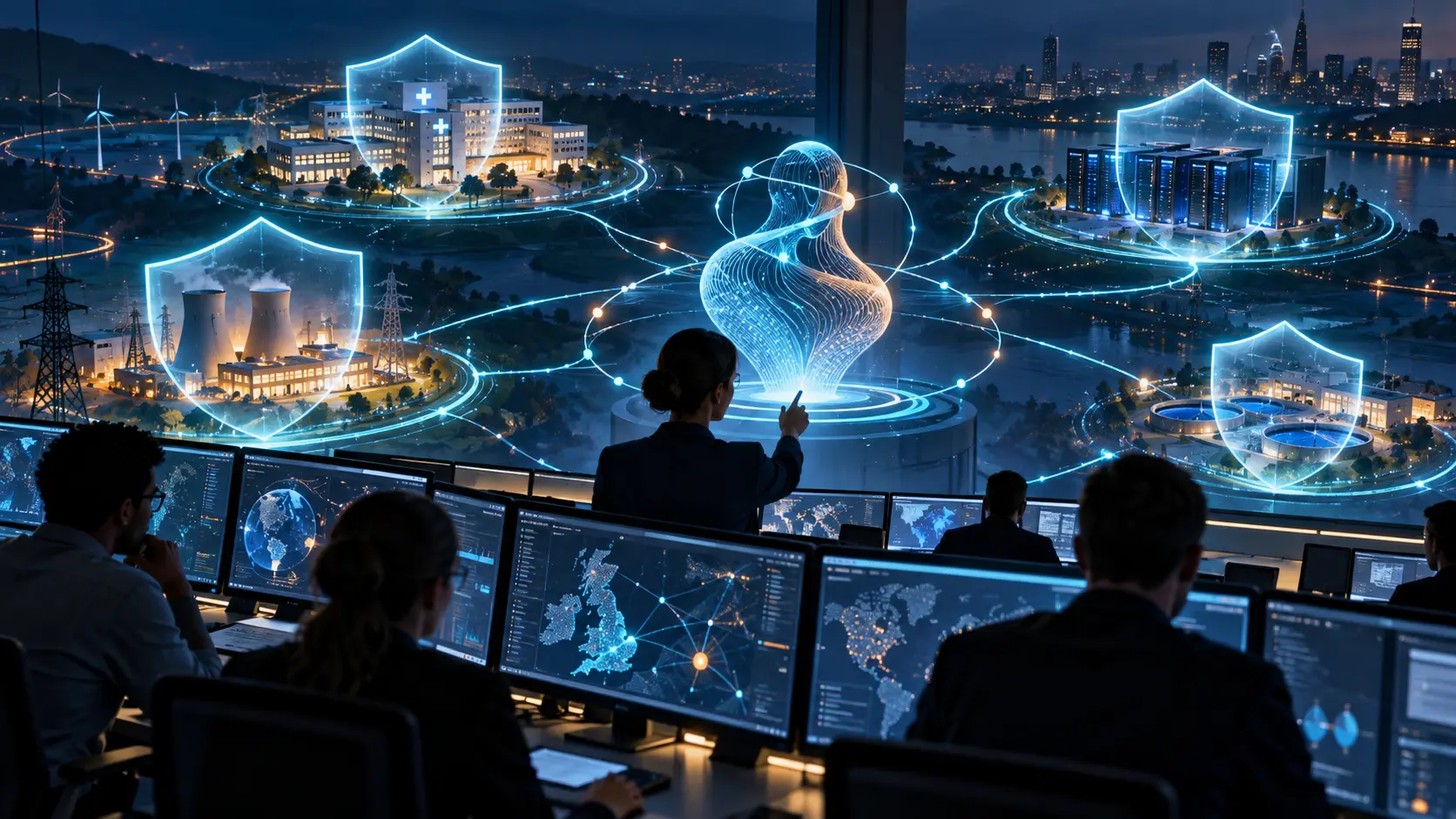 Illustration IA d’un centre de cybersécurité protégeant des services publics contre un agent d’intelligence artificielle