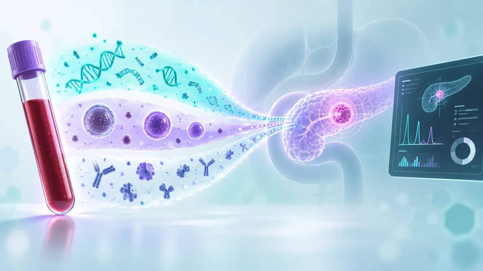 Illustration d’un tube de sang et de trois flux de biomarqueurs convergeant vers un pancréas