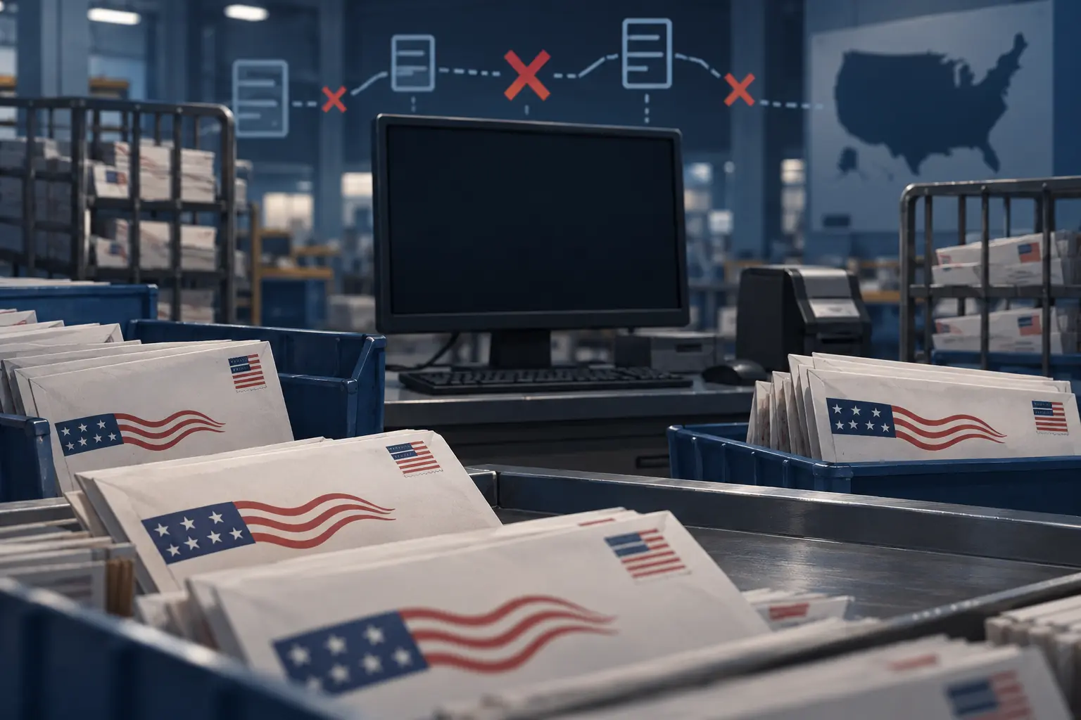 Illustration éditoriale d’enveloppes électorales devant un terminal informatique éteint