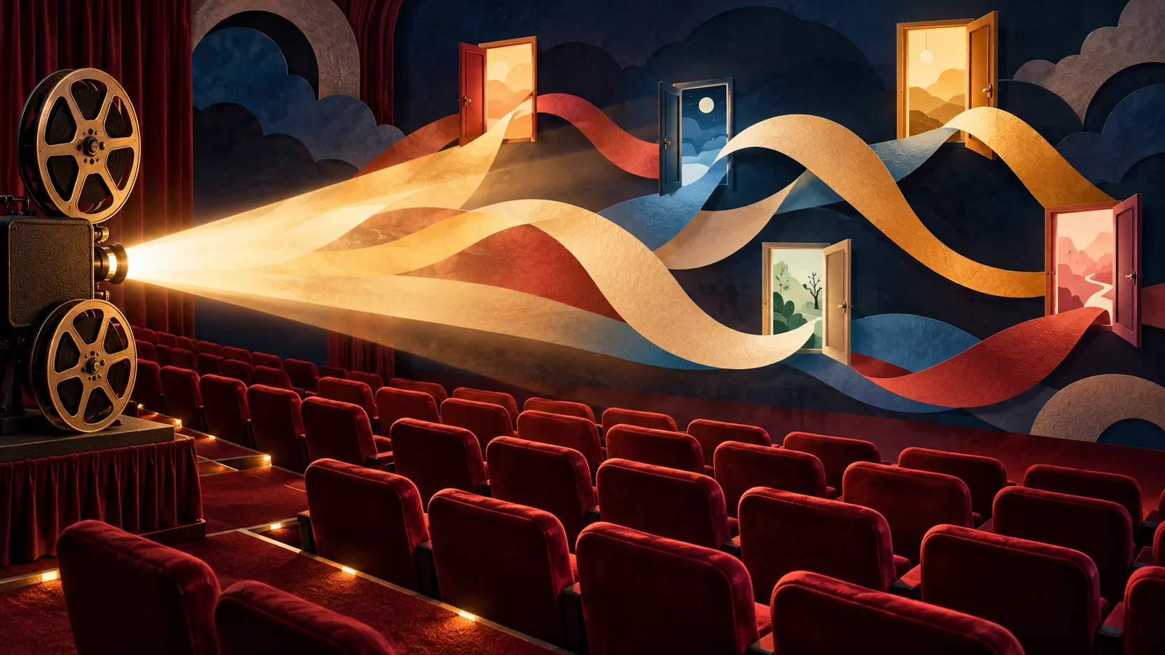 Illustration IA : un faisceau de cinéma relie des portes ouvertes symboliques.