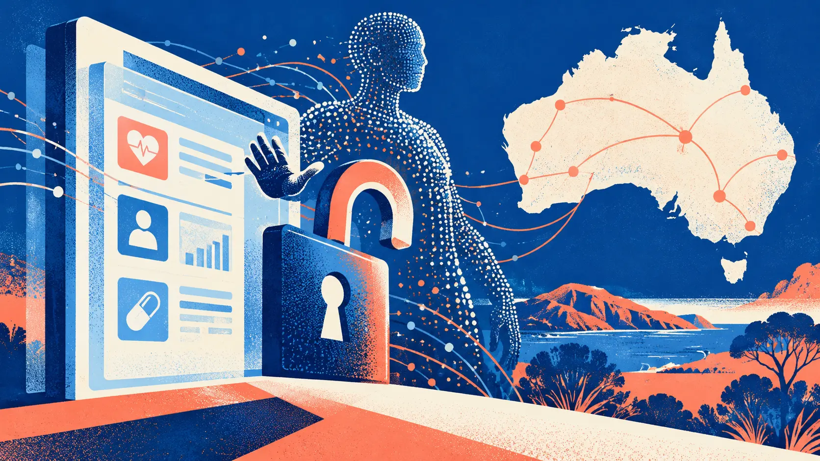 Illustration IA d’un portail de santé australien, d’une serrure et d’une silhouette numérique