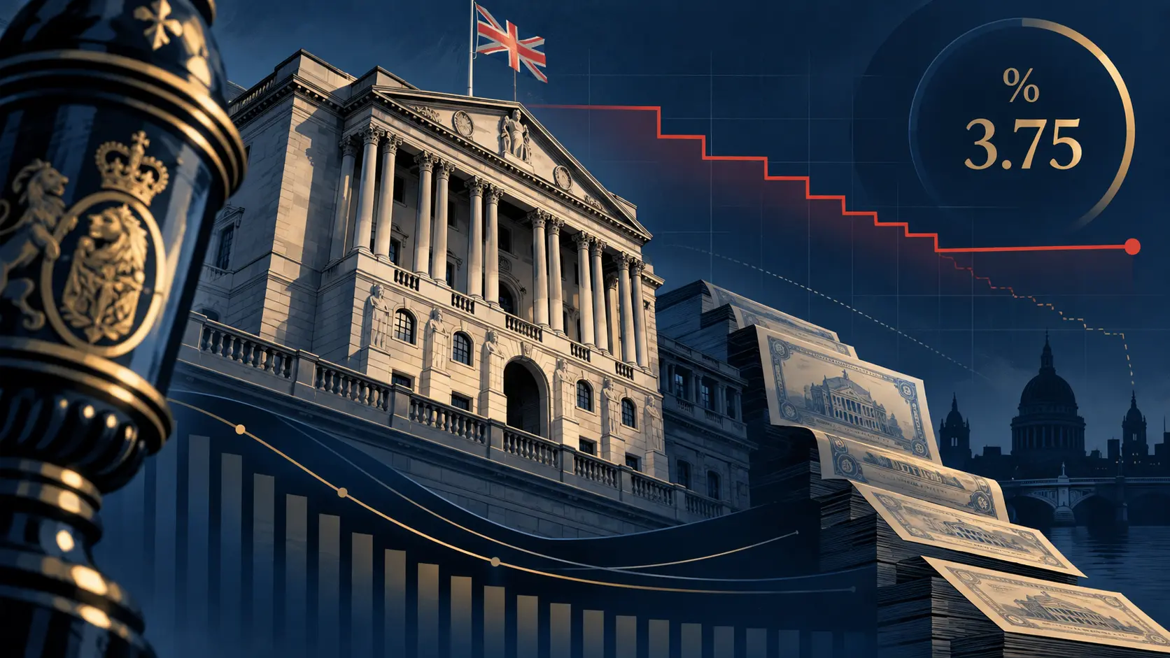 Illustration de la Banque d’Angleterre entourée de courbes de taux et d’obligations stylisées