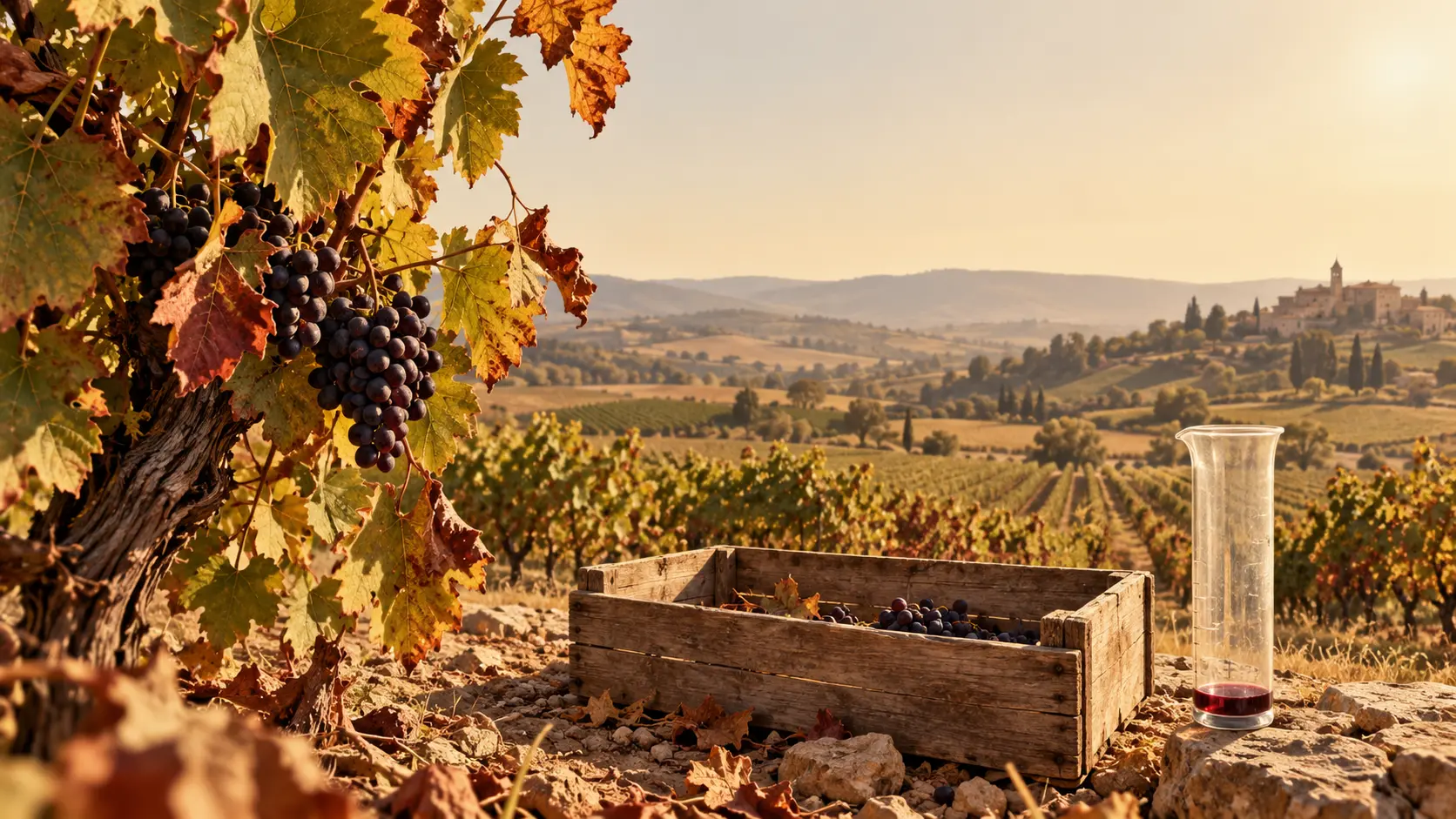 Illustration IA de rangs de vignes françaises sous un ciel chaud, avec une caisse de vendange peu remplie