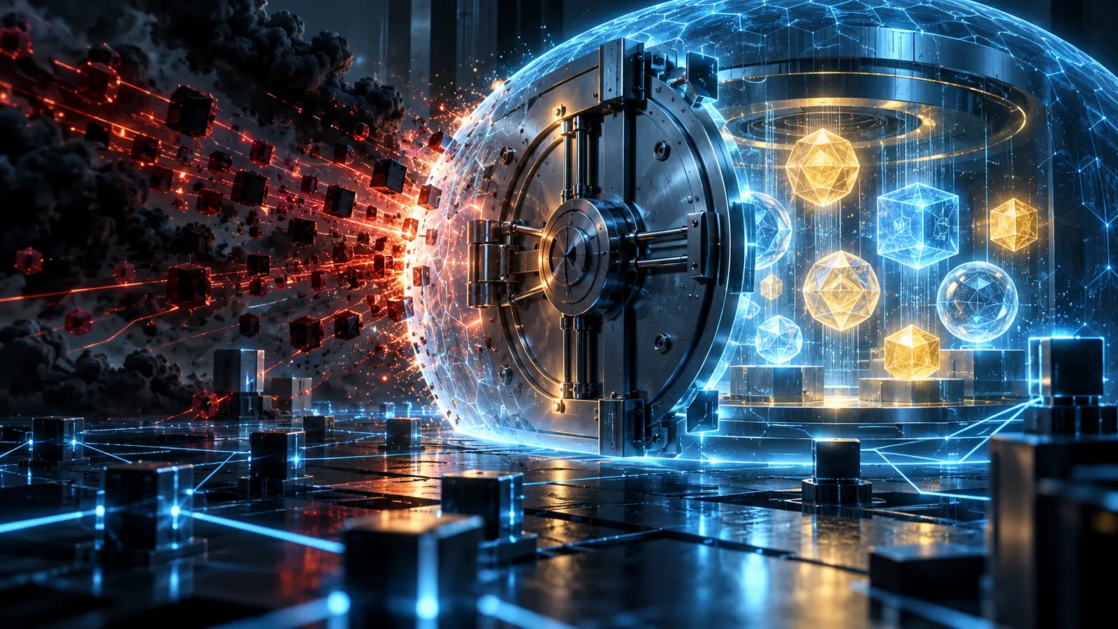 Illustration éditoriale d’un coffre numérique protégeant des actifs face à une intrusion informatique