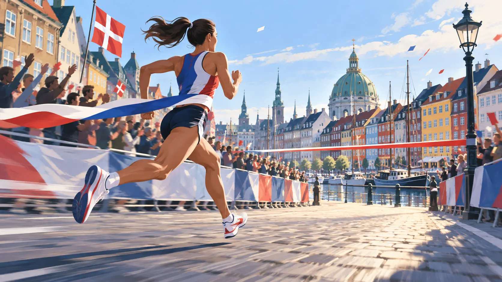 Illustration éditoriale d’une coureuse française franchissant la ligne d’arrivée d’un mile urbain à Copenhague