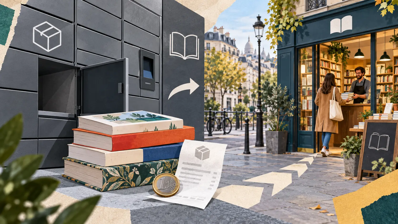 Illustration éditoriale de livres devant un casier automatique et une librairie française