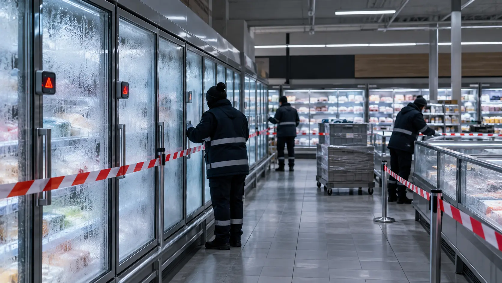 Illustration IA de rayons frigorifiques fermés dans un supermarché après un incident informatique