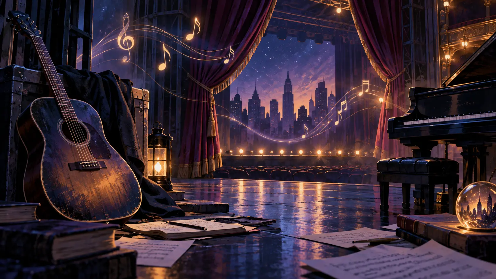 Illustration IA d'une guitare et d'un piano sur une scène de théâtre new-yorkaise, en hommage à Duncan Sheik