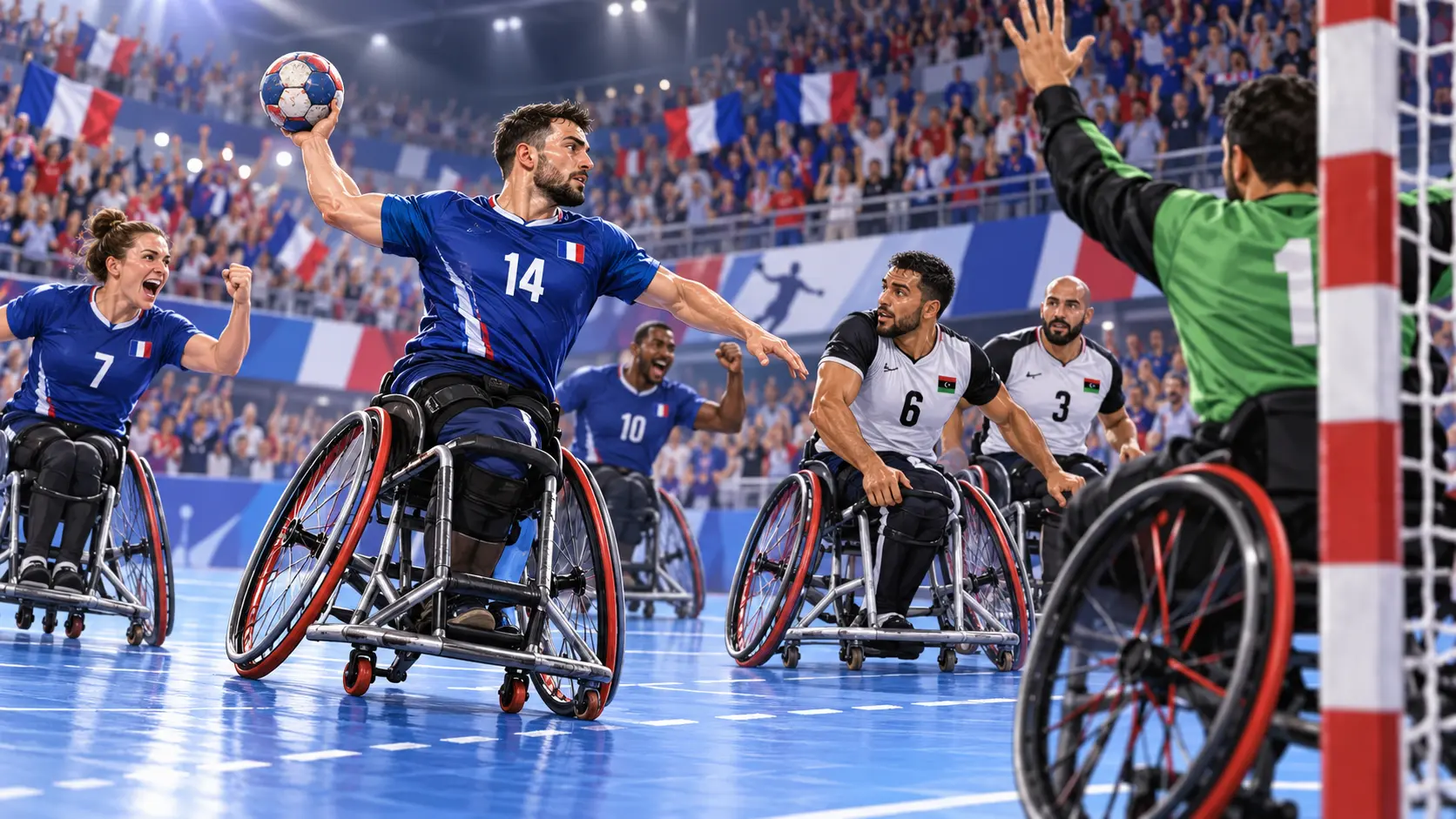 Illustration éditoriale de joueurs français de handball en fauteuil attaquant le but dans une salle de compétition