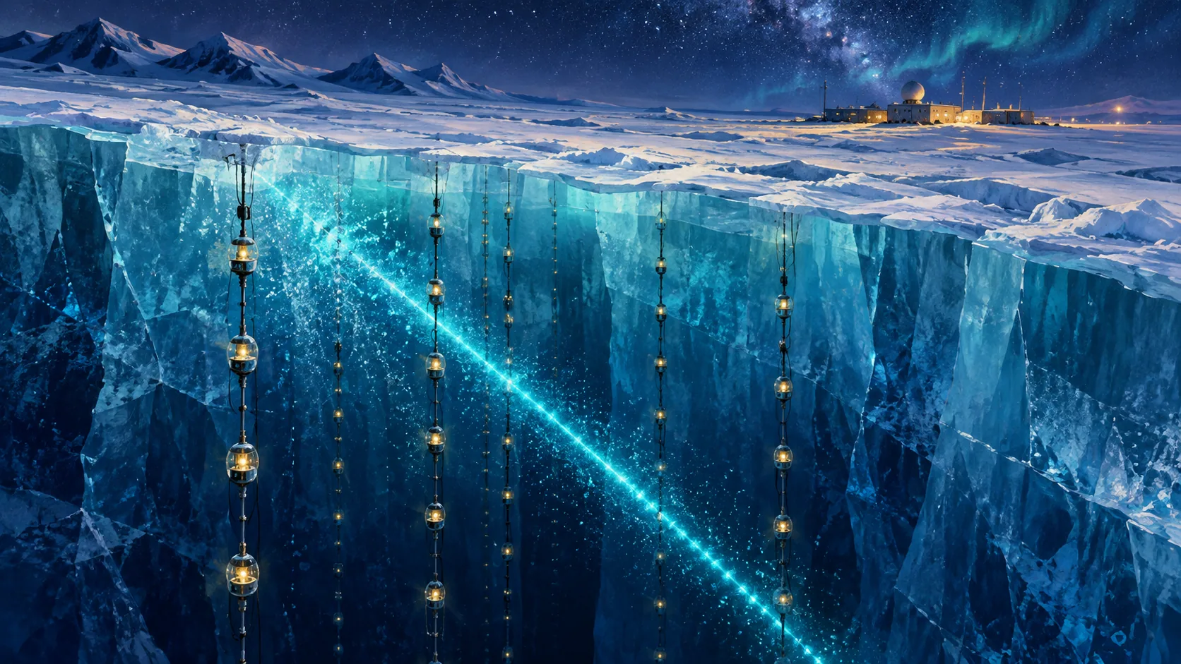 Illustration IA conceptuelle en coupe : capteurs lumineux dans la glace antarctique et trajectoire d’une particule, sans représenter une mesure réelle.