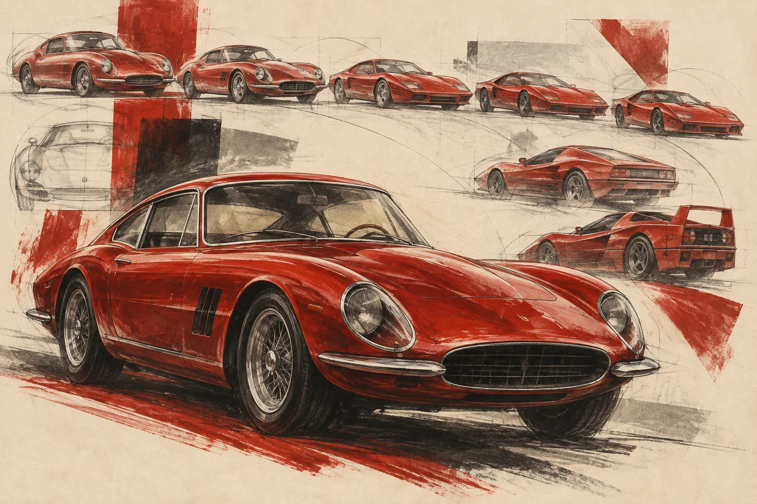 Illustration conceptuelle IA de silhouettes automobiles rouges ; aucune représentation technique exacte des modèles.