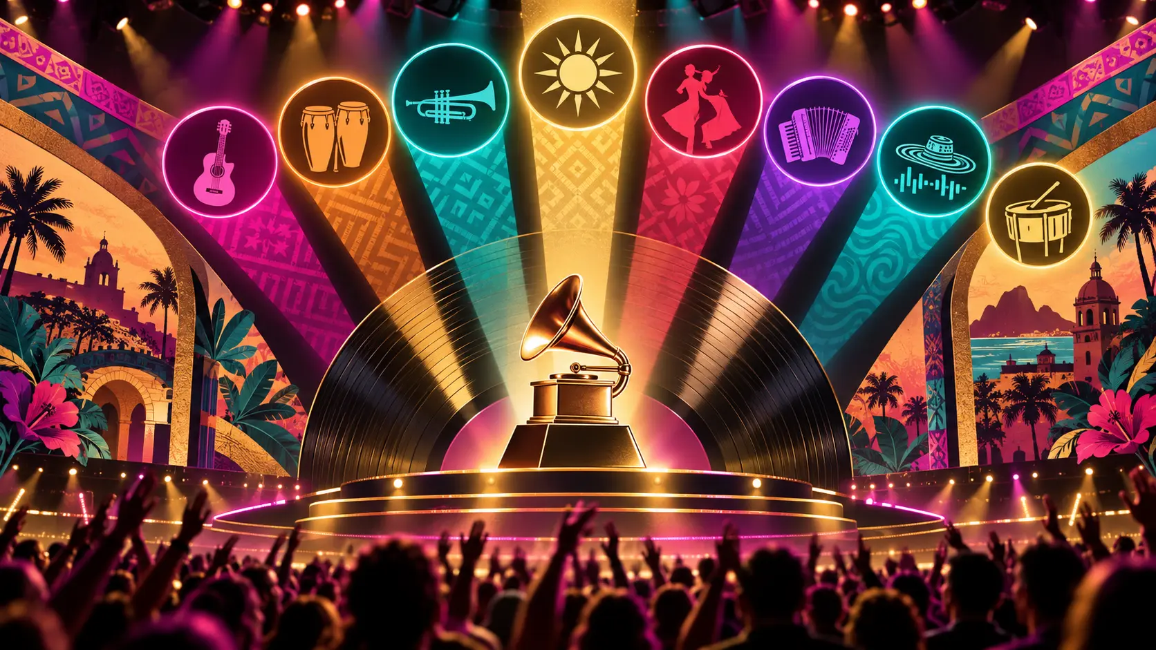 Illustration colorée d’une scène musicale latine avec microphone, disque et faisceaux lumineux symbolisant les nominations