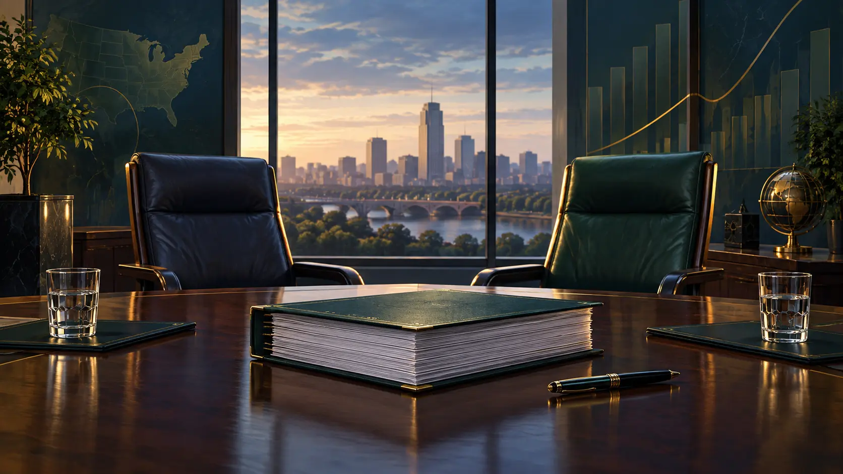 Illustration IA d'une salle de conseil avec deux fauteuils et un dossier financier, symbole de la succession chez Berkshire Hathaway