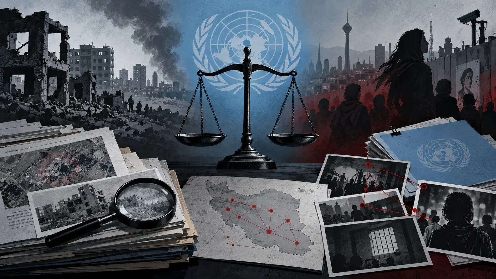 Illustration d’une balance de justice devant des dossiers d’enquête et une carte de l’Iran