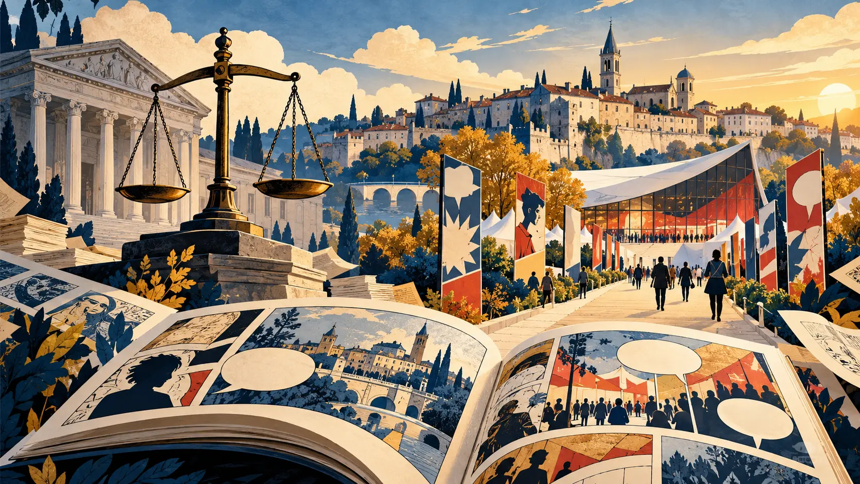Illustration IA montrant un livre de bande dessinée ouvert, une balance de justice et un chemin vers un pavillon de festival dans une ville stylisée