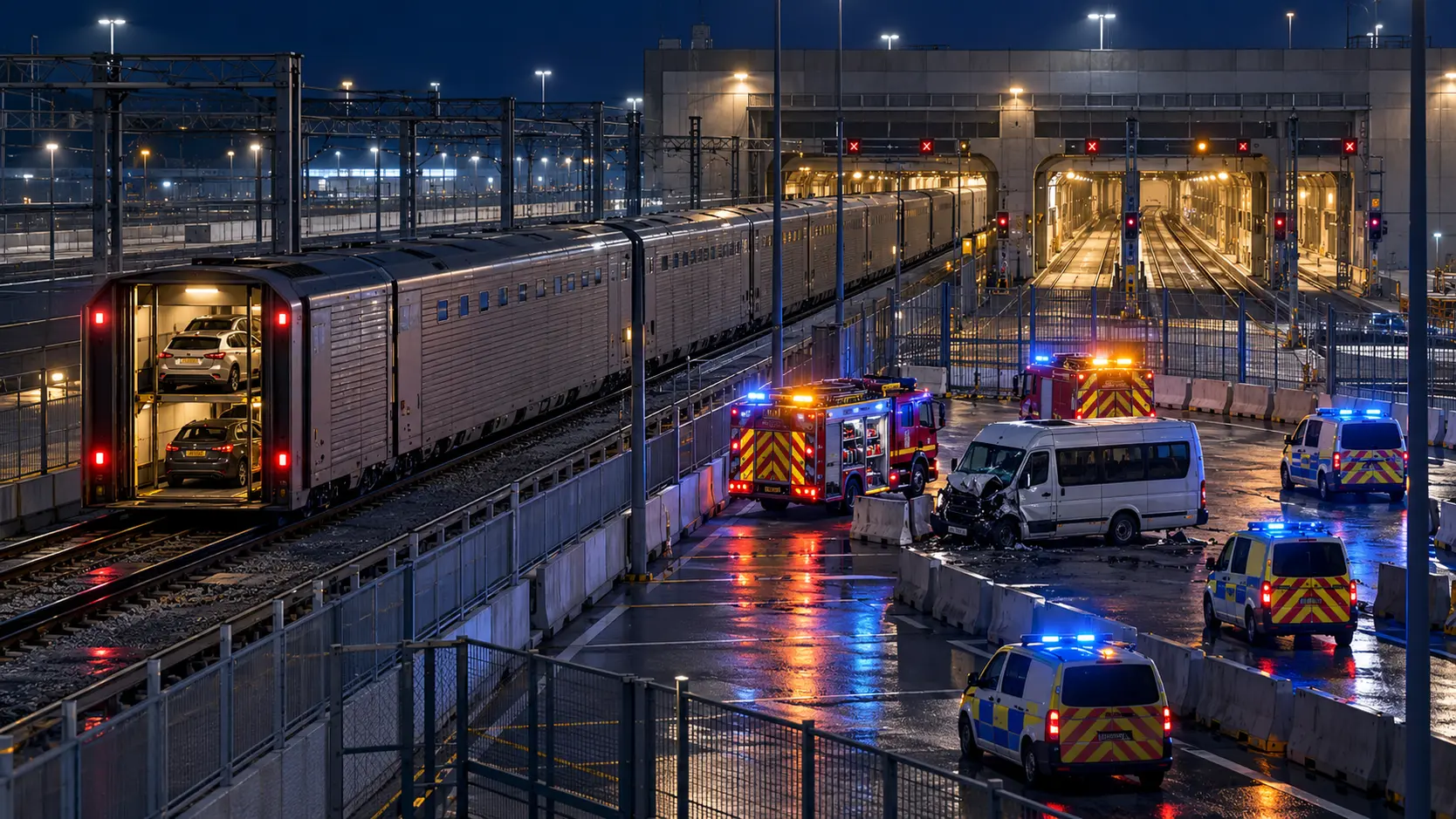 Illustration éditoriale d’une intervention de secours autour d’un minibus et d’une navette ferroviaire dans un terminal de nuit