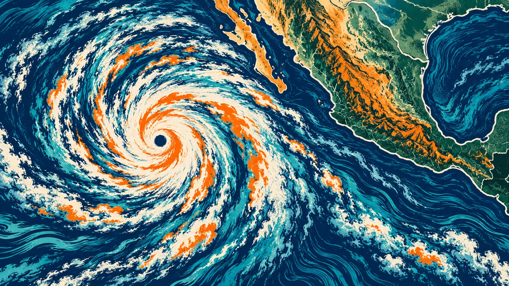 Illustration IA de l’ouragan Polo en spirale au large de la côte pacifique du Mexique