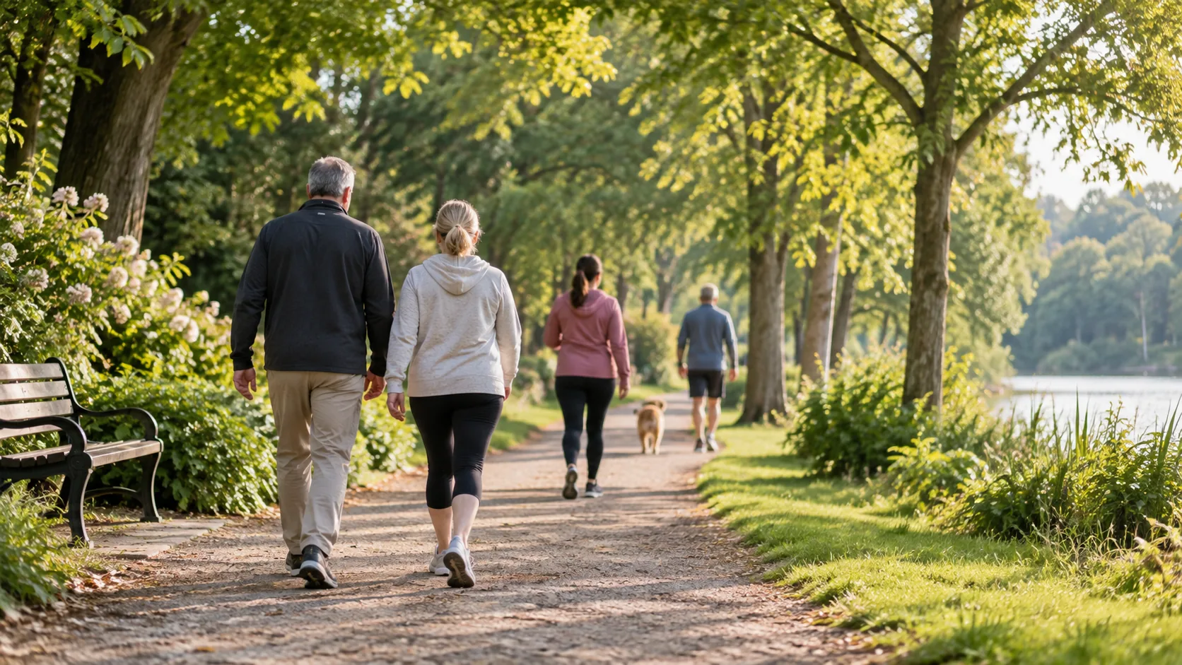 Illustration générée par IA : adultes anonymes marchant dans un parc lumineux