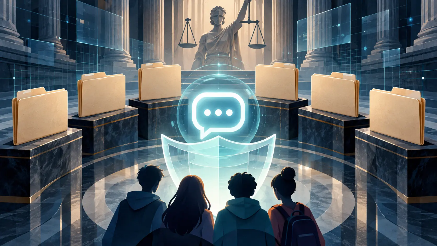 Illustration IA montrant huit dossiers judiciaires autour d’un symbole de dialogue numérique protégé par un bouclier devant des silhouettes abstraites de jeunes