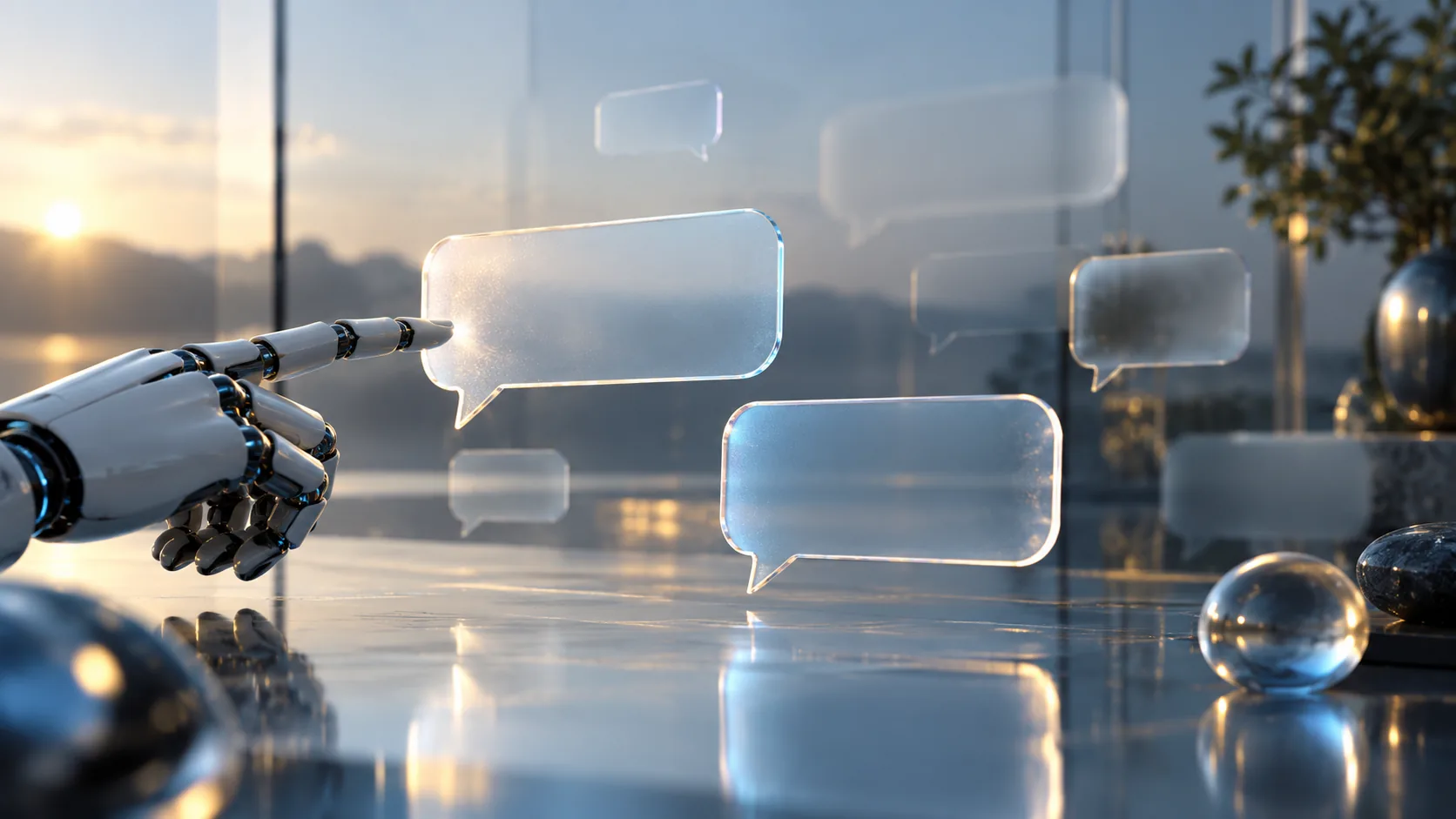 Illustration générée par IA : bulles de conversation transparentes et main robotique dans une composition conceptuelle