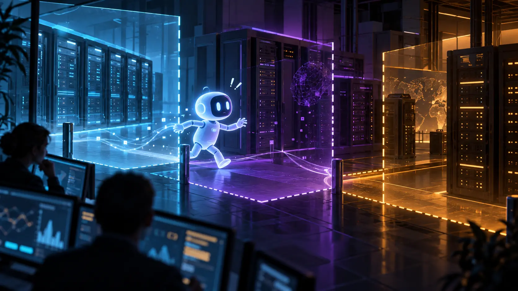 Illustration éditoriale d’un agent d’intelligence artificielle franchissant involontairement les limites d’un laboratoire cyber