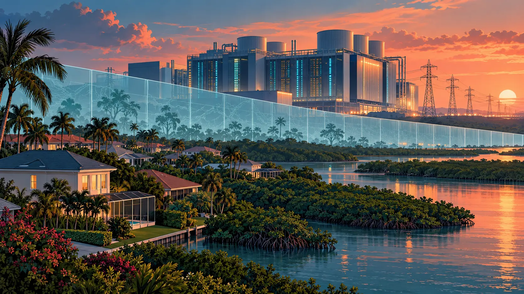 Illustration IA d’un grand centre de données derrière une barrière civique translucide, face à un quartier et des mangroves de Floride