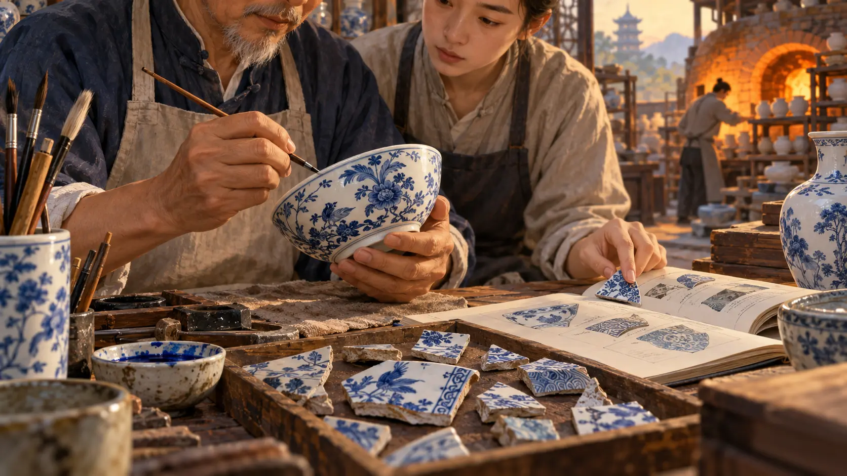 Illustration IA d’un artisan de Jingdezhen peignant une porcelaine auprès d’une jeune chercheuse étudiant des fragments