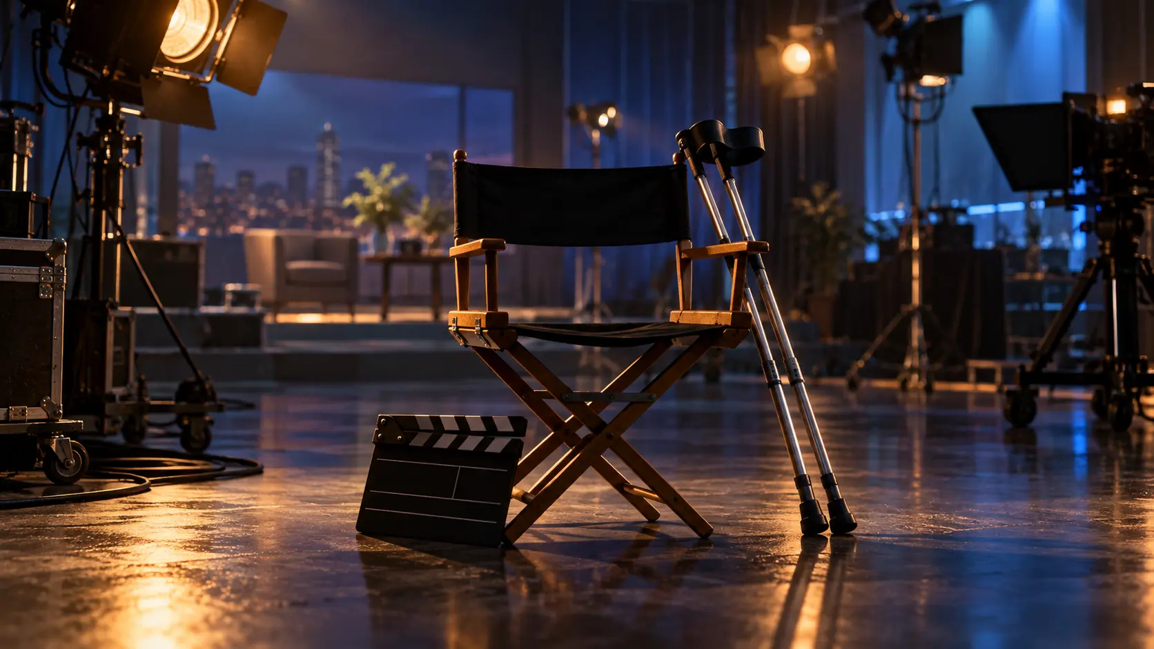 Illustration IA d’une chaise d’acteur vide et de béquilles sur un plateau de télévision