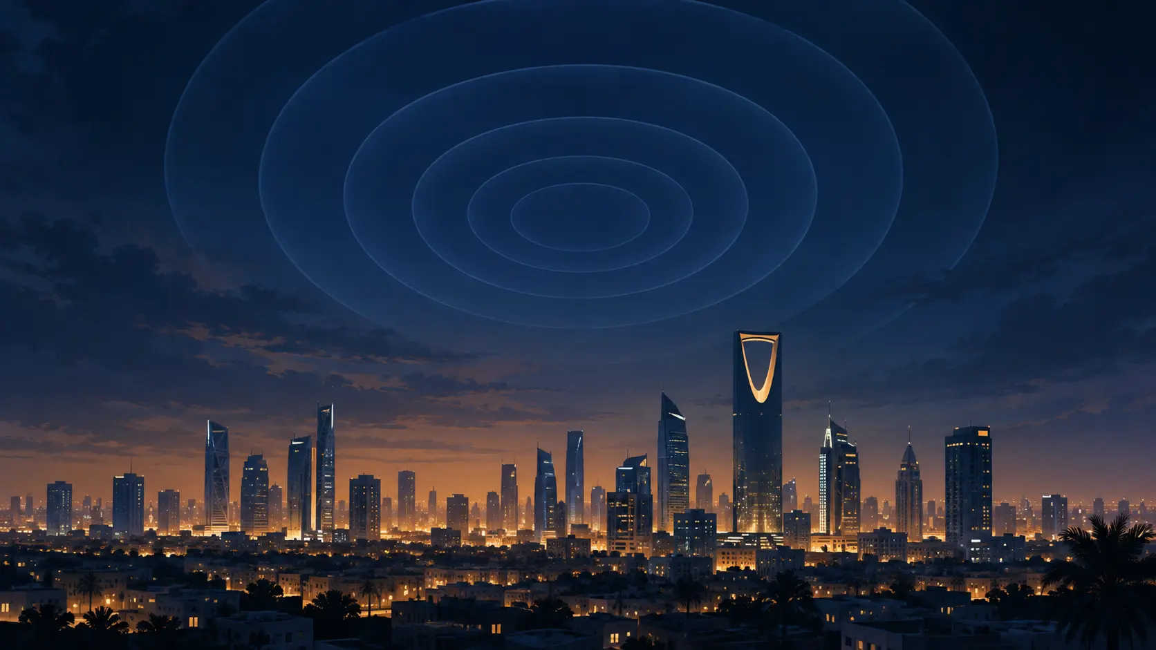 Illustration éditoriale montrant la silhouette de Riyad sous une alerte aérienne stylisée au crépuscule