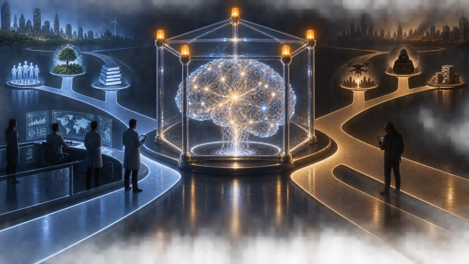 Illustration conceptuelle d’un cerveau d’intelligence artificielle entouré d’un cadre de contrôle et de signaux d’alerte