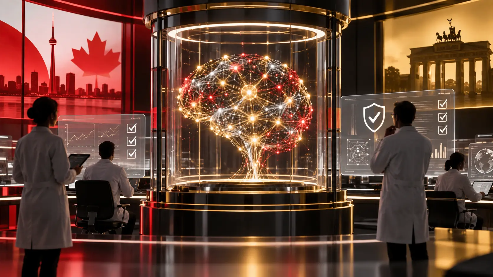 Illustration IA d’un réseau neuronal contrôlé dans un laboratoire aux couleurs canadiennes et allemandes